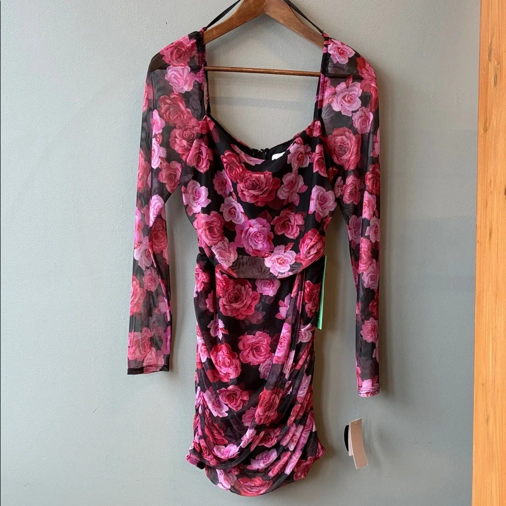 City Triangles Black Pink Floral Long Sleeve Mini Dress, XL - Picture 2 of 8